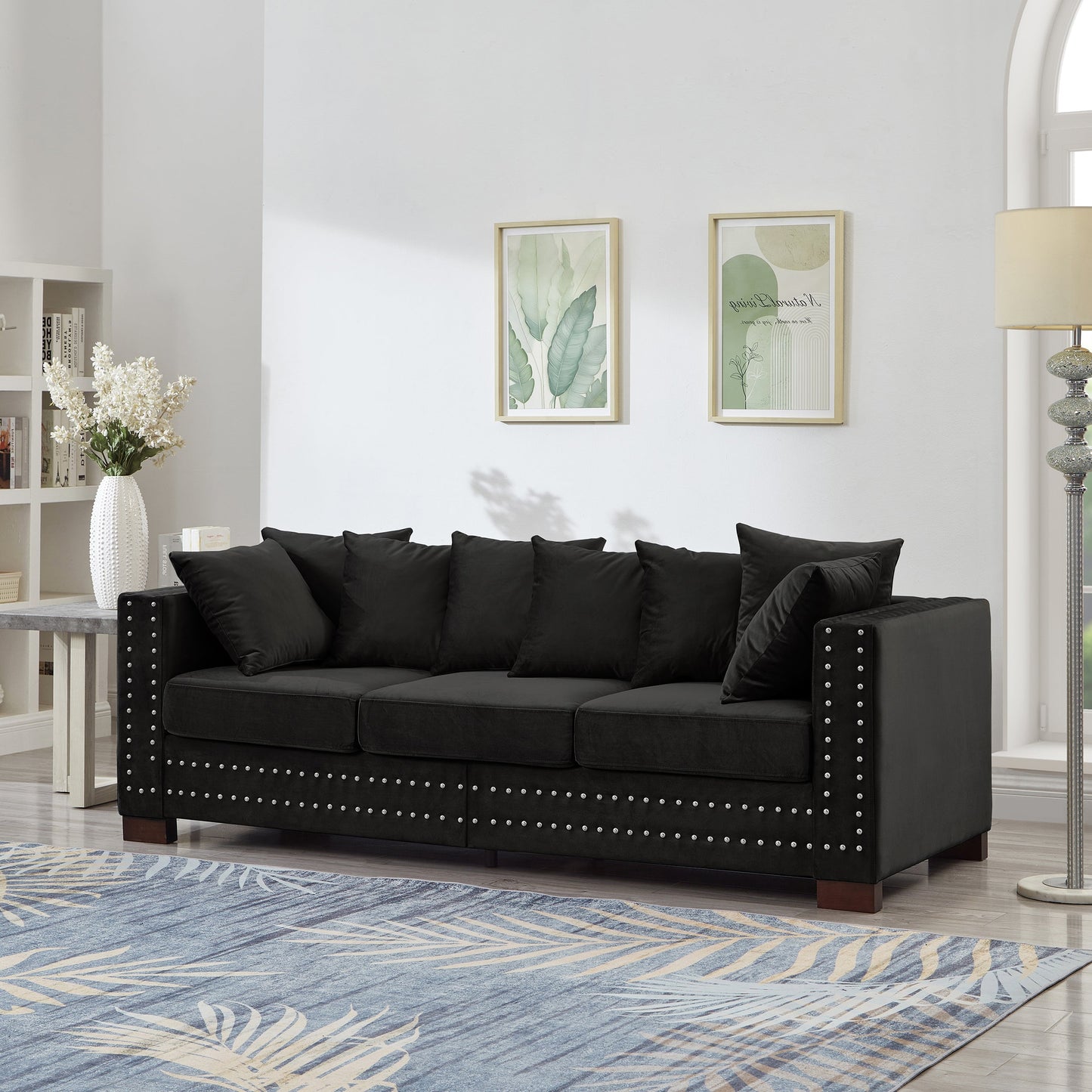 Modern Design Living Room Sofa Square Armrest With Silver Nails Decoration Upholstered Velvet Couch Black