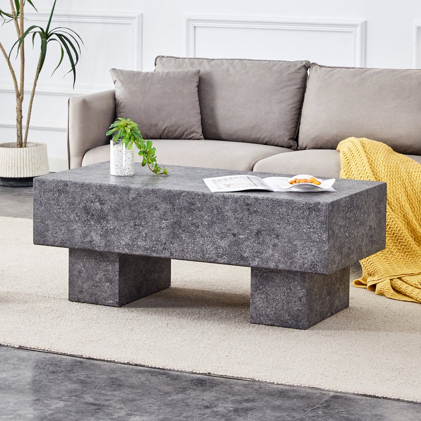 Modern Simple Gray Texture MDF Coffee Table With Spacious Top and Sturdy Legs, 43.3'x21.6'x17.2'