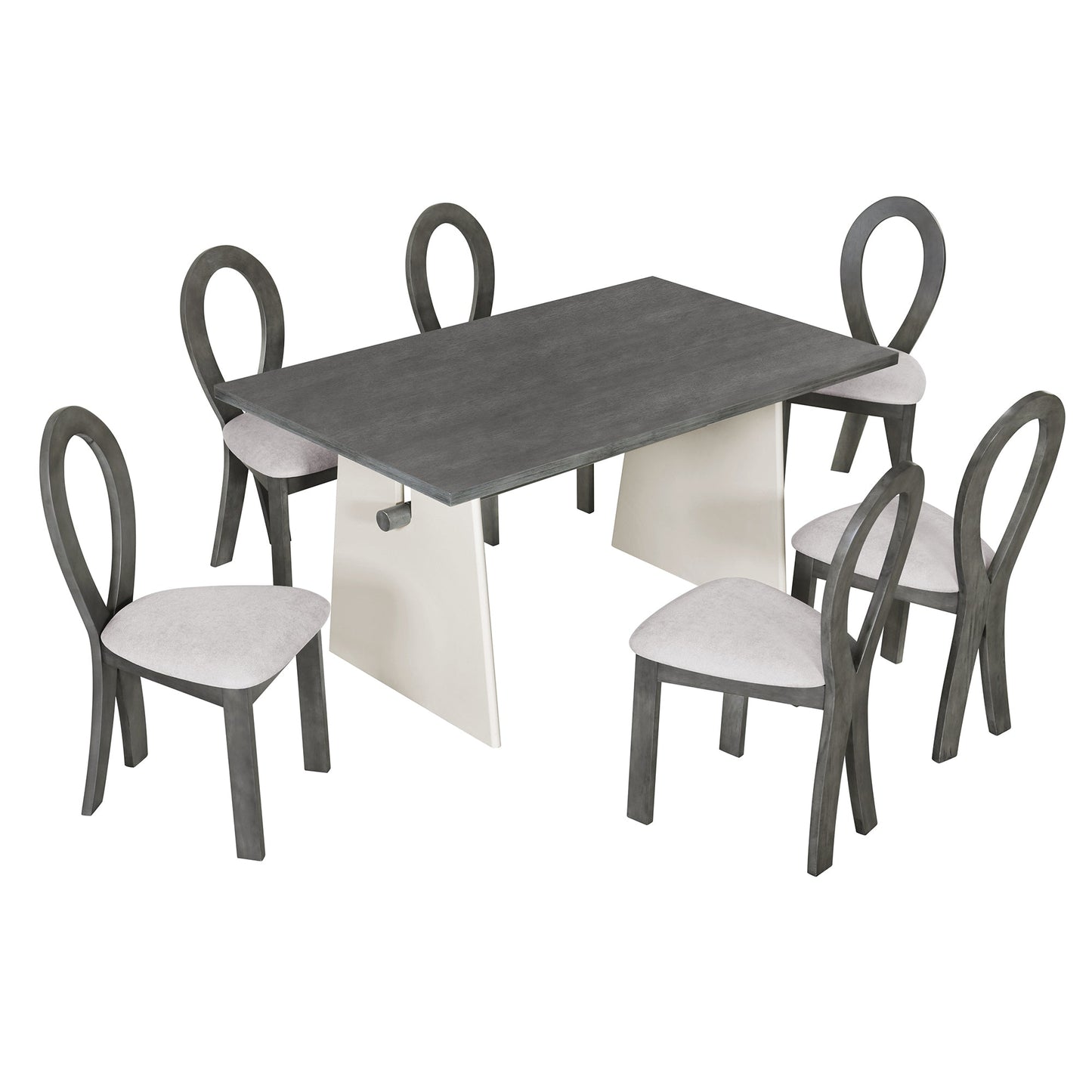 Modern 7-Piece Dining Table Set With Trestle Dining Table and 6 Upholstered Dining Chairs, Compact Kitchen Table Set For