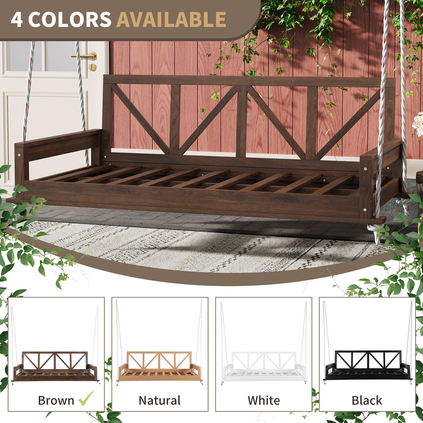 Acacia Wood Twin Size Patio Swing Bed Modern Porch Swing Hanging Bed Frame With 16.4ft Hemp Ropes for Garden,Backyard,Br