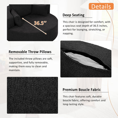360° Swivel Accent Barrel Chair With Removable Pillows, Black Chenille, 56.3x56.3x36.5 Inches