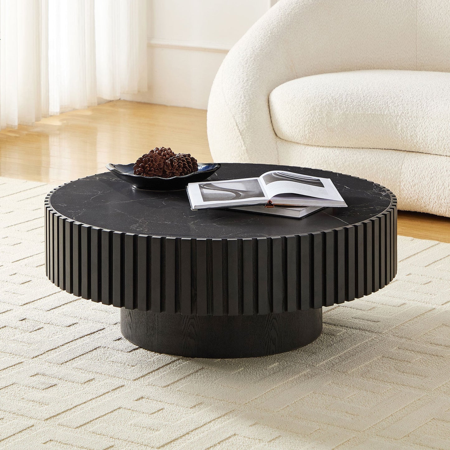 35.43'' Nesting Round Sintered Stone Tabletop Modern Drum Coffee Table Luxury Circle Coffee Table for Apartment BLACK