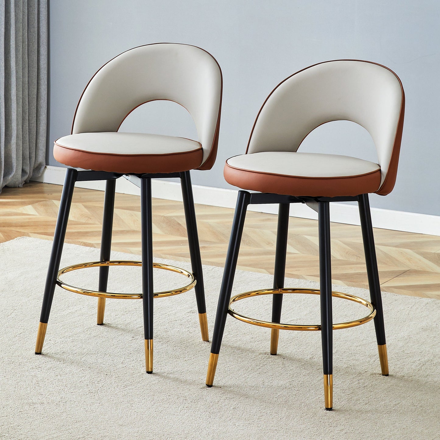 Modern Brown and Light Gray Spliced PU Upholstered Rotatable Bar Chair With Black Metal Legs for Dining Room and Kitchen