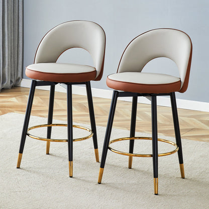 Modern Brown and Light Gray Spliced PU Upholstered Rotatable Bar Chair With Black Metal Legs for Dining Room and Kitchen