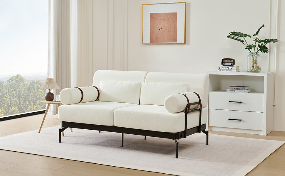 Modern Loveseat Sofa 59' Couch With Flexible USB Ports, Unique Cylindrical Armrests, Beige Chenille