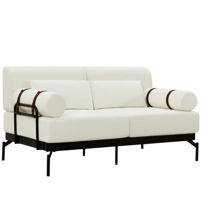 Modern Loveseat Sofa 59' Couch With Flexible USB Ports, Unique Cylindrical Armrests, Beige Chenille