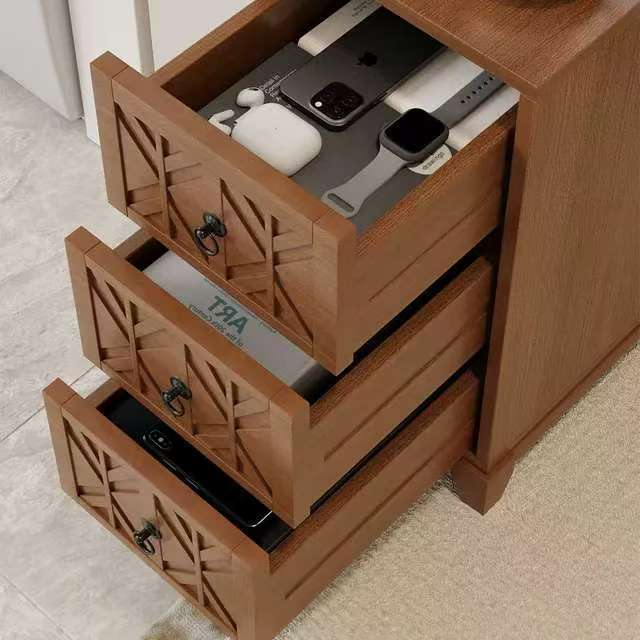 End Table With 3 Drawers, Corner Table With 2 Open Shelves, Tall Side Table for Bedroom and Corner, Walnut,Expect Arriva