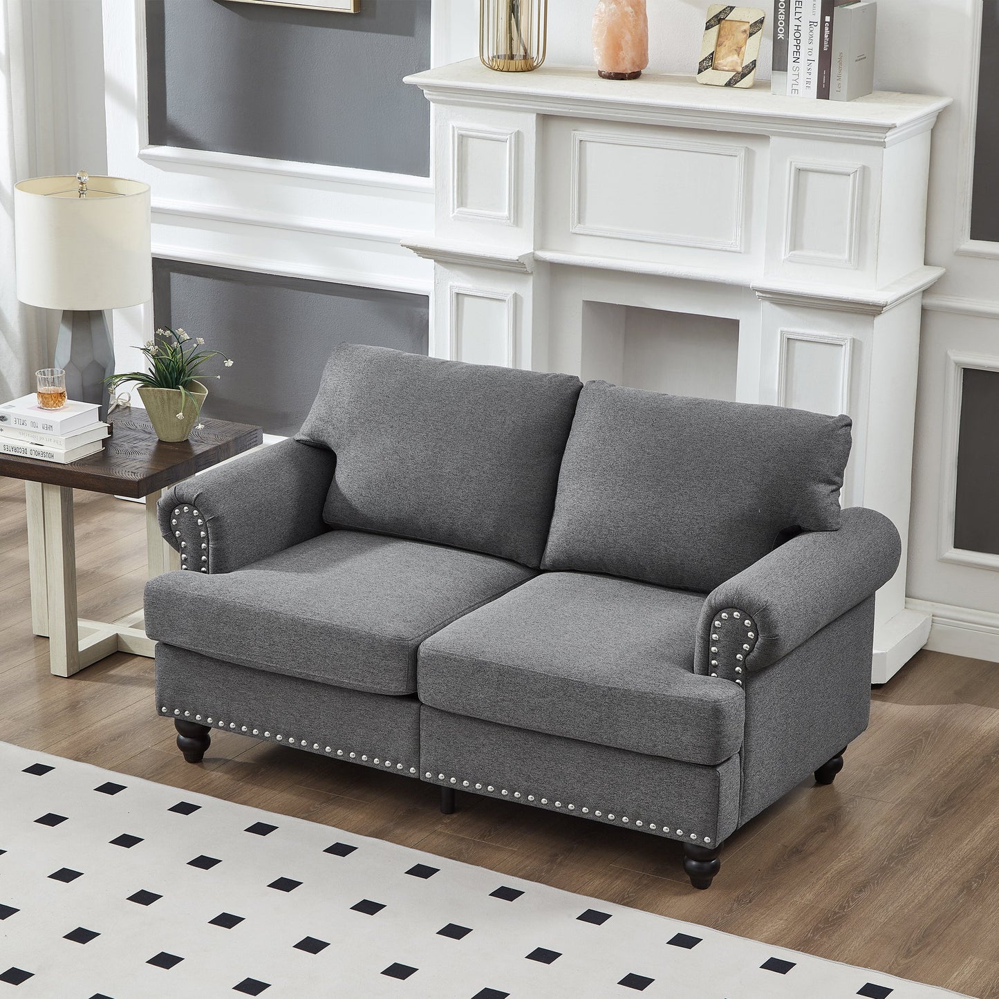Modern Classic Design With Nails Living Room 2+3 Seater Sofa Fabric Couch,Upholstered Polyester Grey.