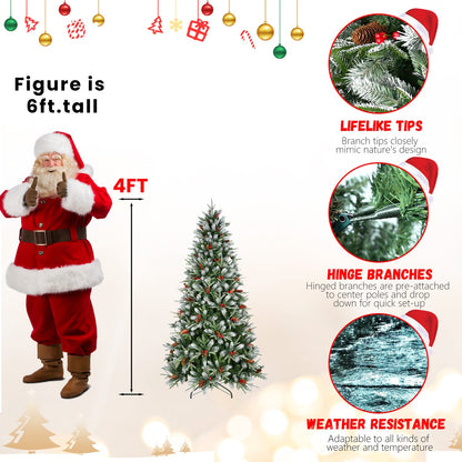 7FT Christmas Tree With 2178 Tips, Red Berries & Pine Cones – Snow-Dusted PE+PVC Branches, Hinged Design for Easy Setup,