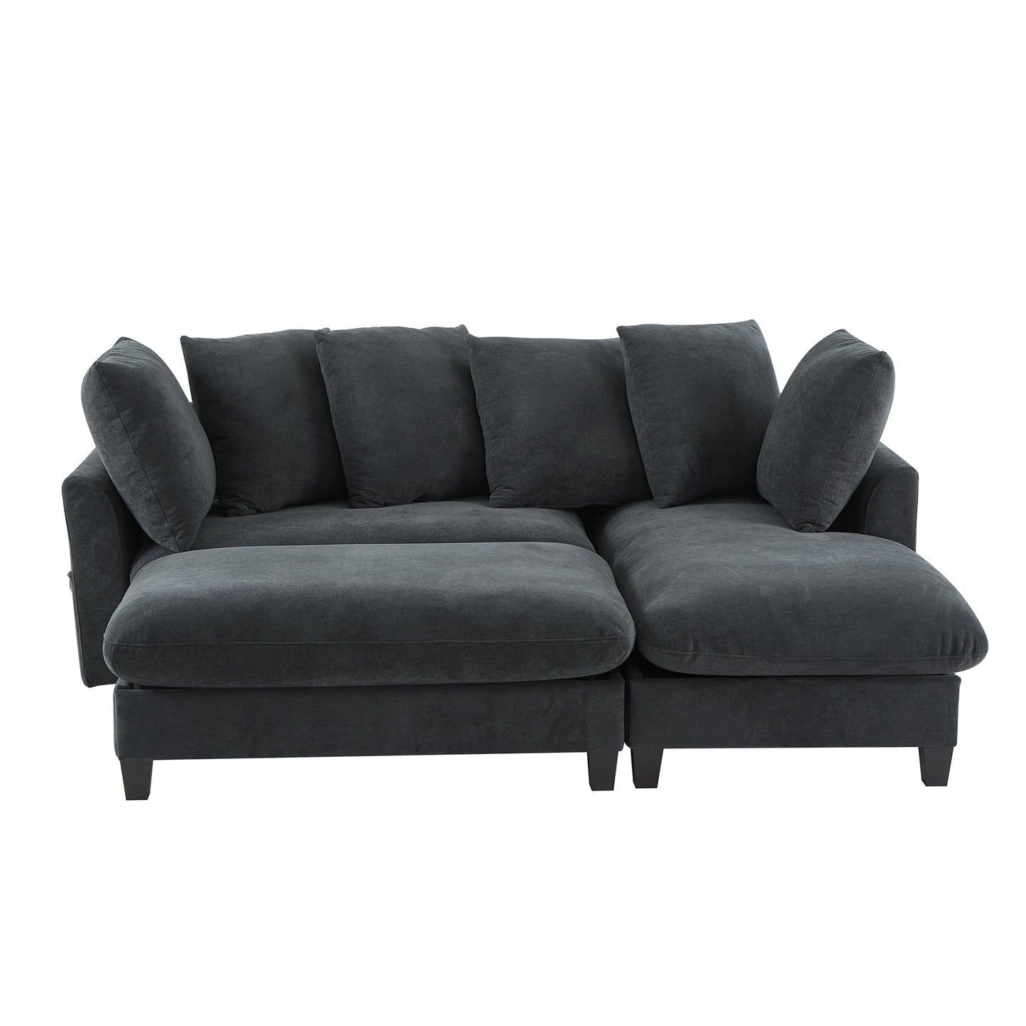 Black Upholstered 83' L-Shaped Sectional Sofa With Storage, Movable Ottoman, and Six Throw Pillows