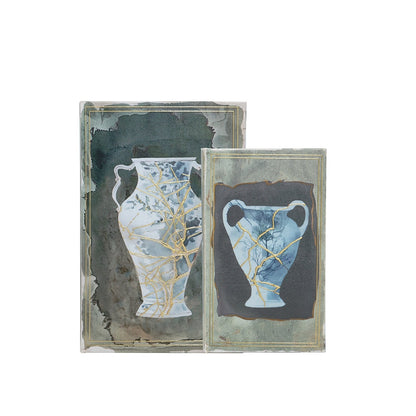 Set of 2 Decorative Book Boxes With Blue and Gold Vase Motifs, L:7x3x10.5' S:5x2x8.3'