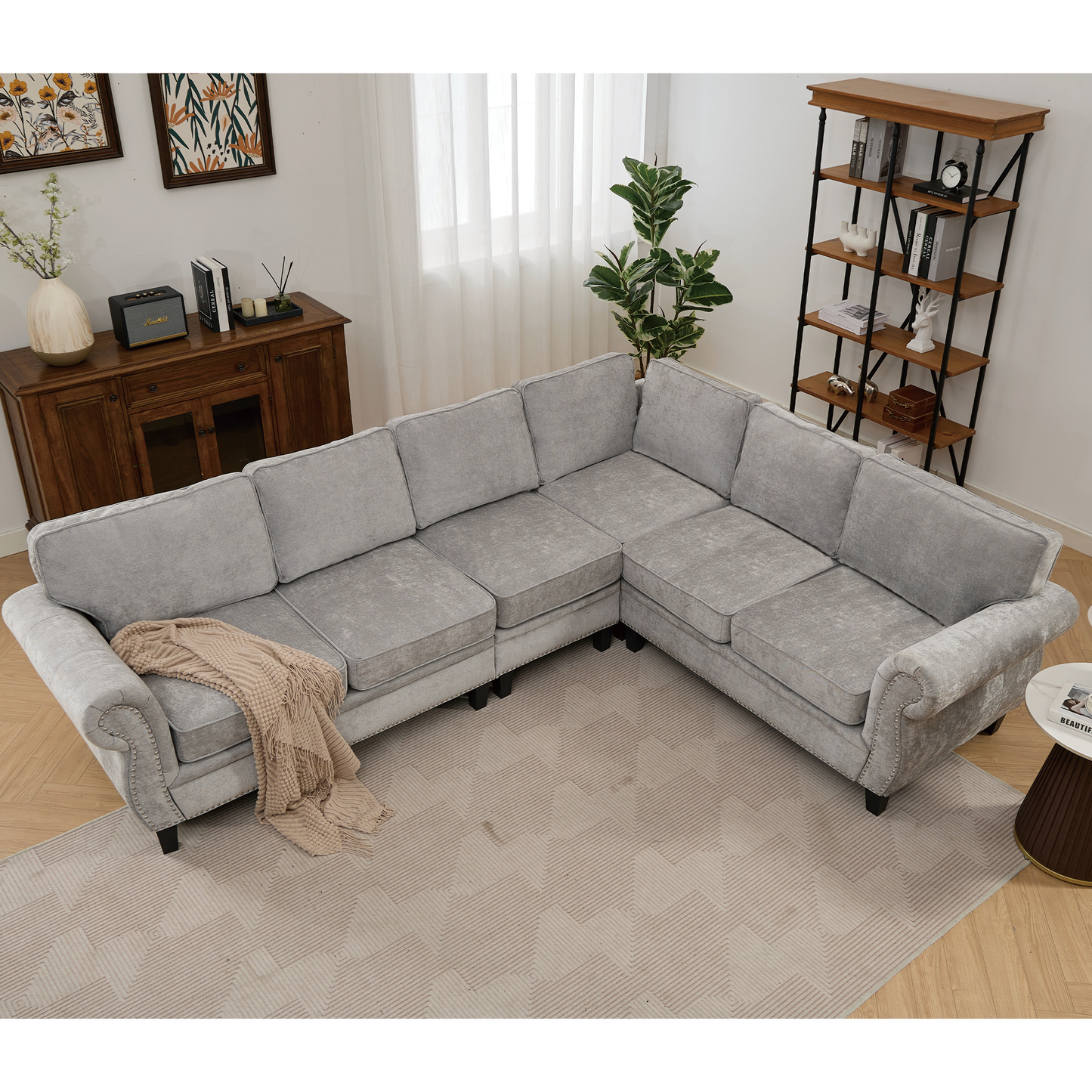 109.5' Modular Sectional Sofa , Rivets Decorated & Rolled Armrest,L Shaped Couch for Living Room, Corner Couch, Chenille