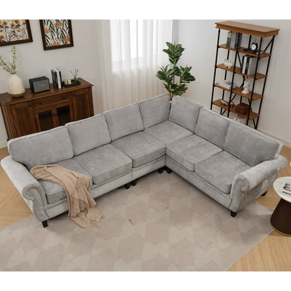 109.5' Modular Sectional Sofa , Rivets Decorated & Rolled Armrest,L Shaped Couch for Living Room, Corner Couch, Chenille