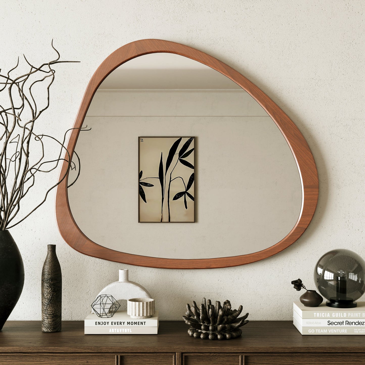 Solid Wood Mirror 45 Inch Asymmetrical Wall Mirror Wooden Framed Mirror Large Sized Dressing Mirror, for Living Room, Be