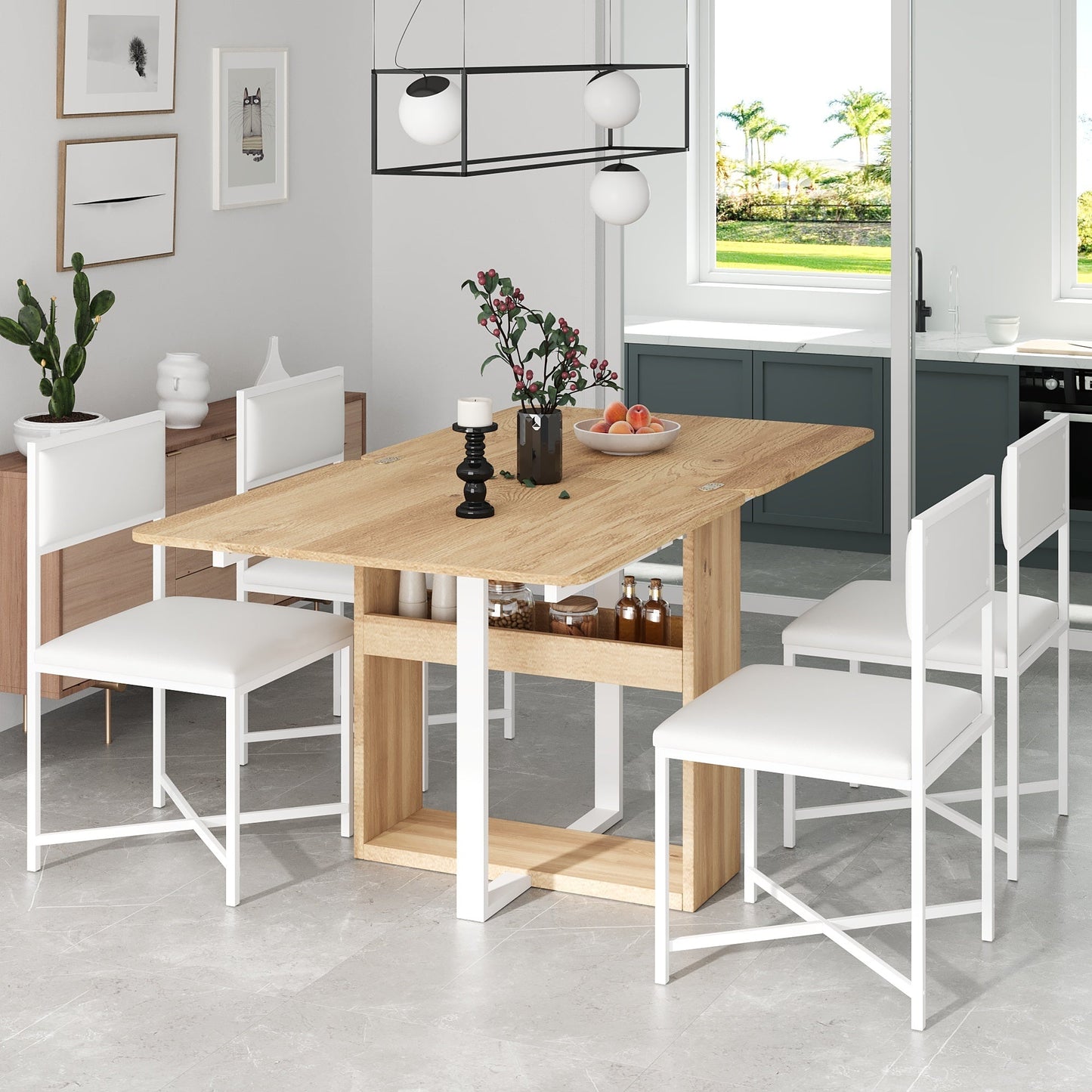 Modern Compact 63inch 5-Piece Extendable Dining Table Set, Foldable Square Kitchen Table Set With Storage Rack and 4 PU