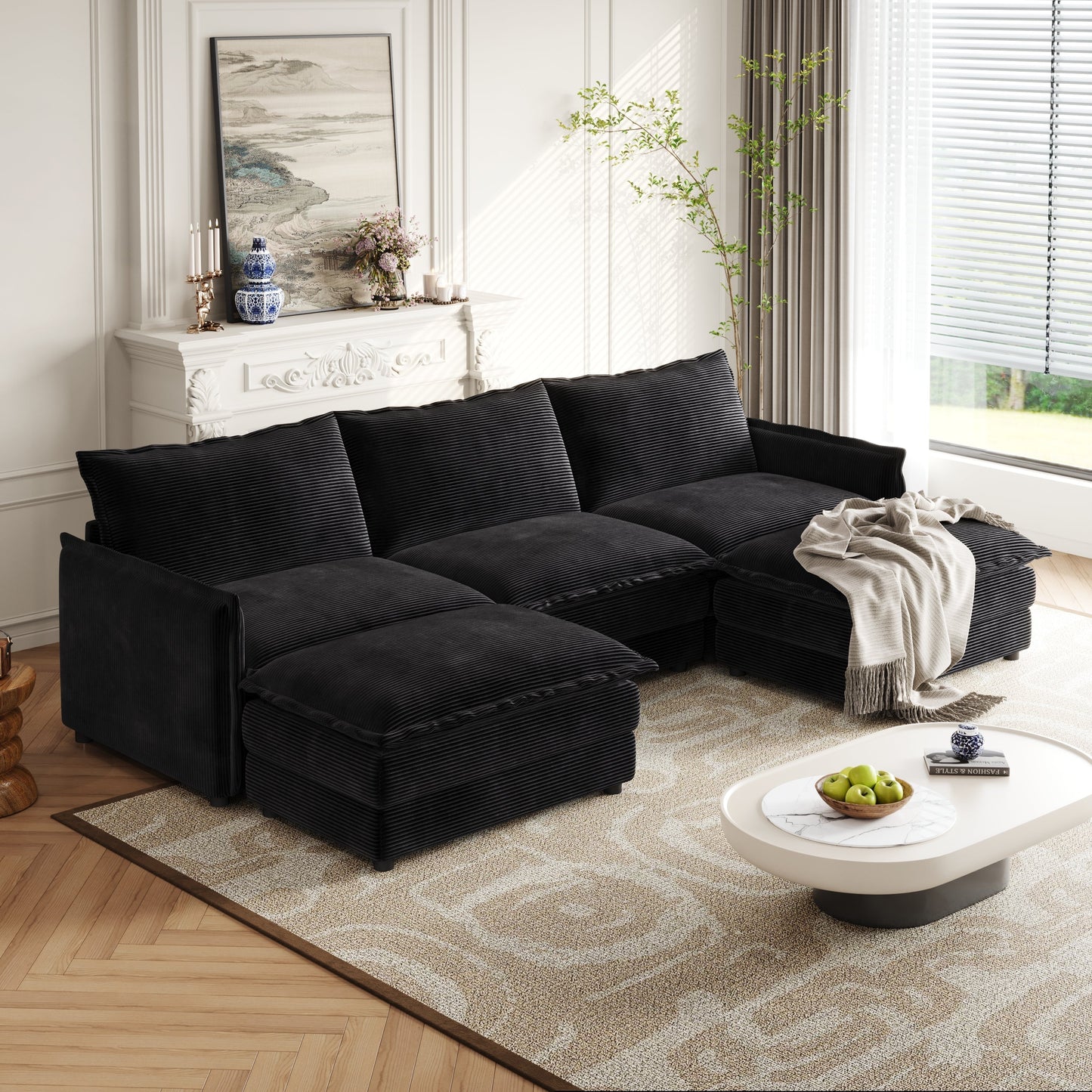 Corduroy Fabric 3-Seater Comfy Cloud Couch With 2 Movable Footrest for Living Room,Oversized Deep Seat U Shaped Couch Se