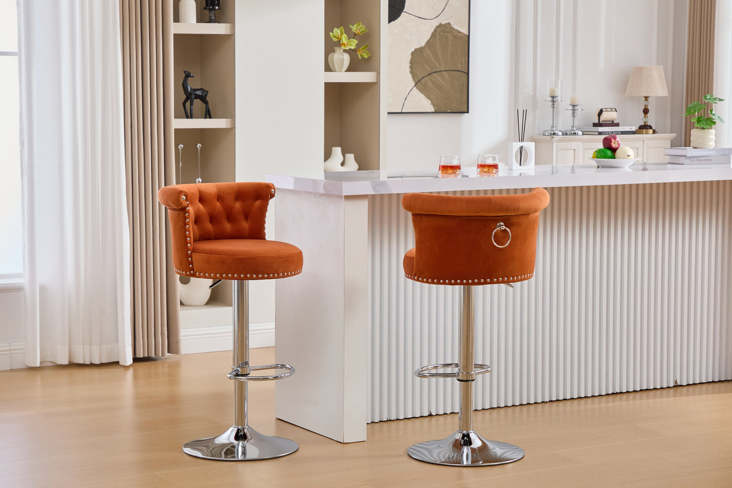 Velvet Bar Stool Set of 2, Adjustable Swivel Bar Stools With Silver Plated Metal Leg, Chrome Nailhead, Counter Height Ch