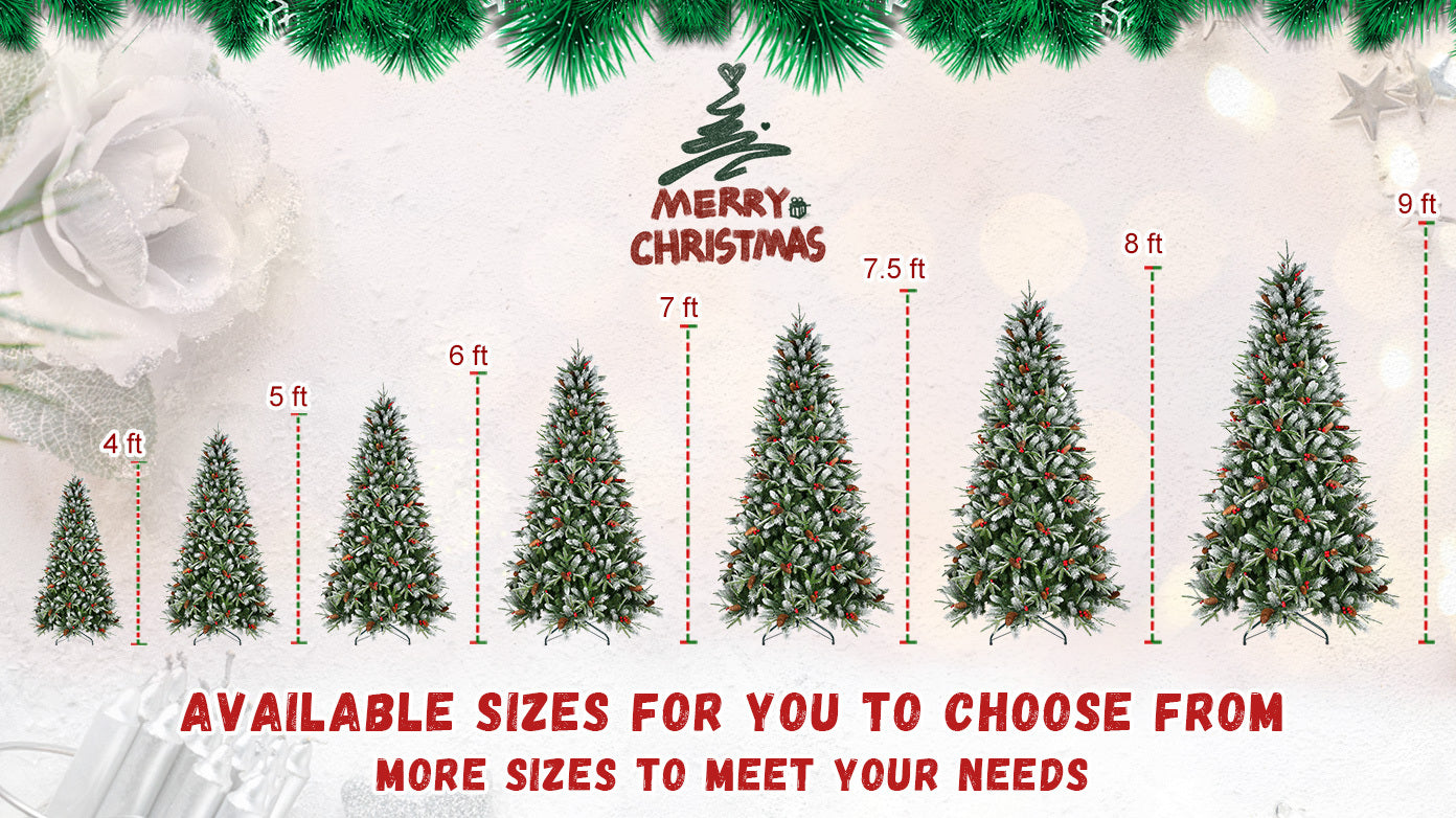 7FT Christmas Tree With 2178 Tips, Red Berries & Pine Cones – Snow-Dusted PE+PVC Branches, Hinged Design for Easy Setup,
