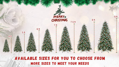 7FT Christmas Tree With 2178 Tips, Red Berries & Pine Cones – Snow-Dusted PE+PVC Branches, Hinged Design for Easy Setup,