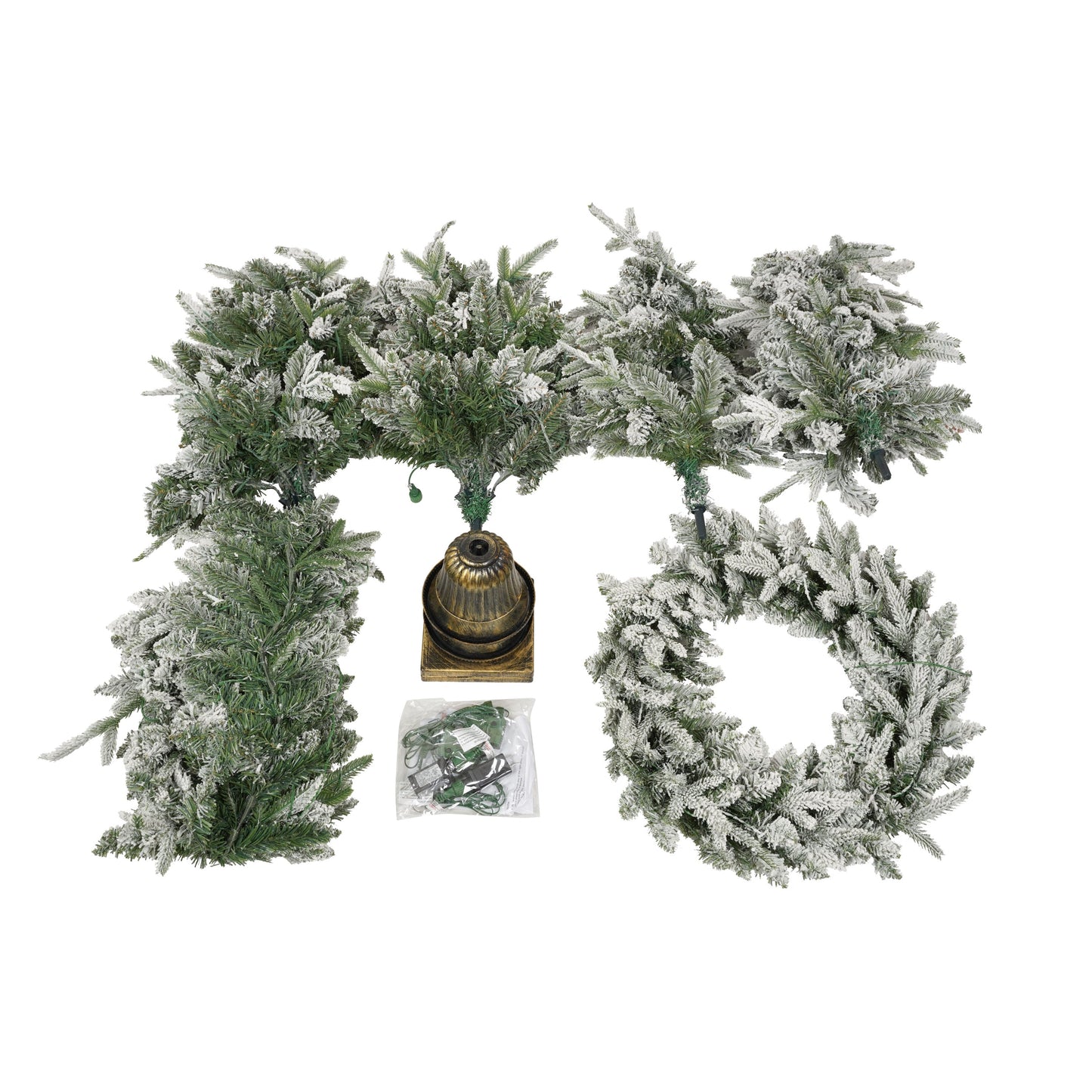 Pre-Lit Christmas Artificial Tree 4-Piece Set, Garland, Wreath and Set of 2 Entrance Trees, X-Mas With LED Lights, PVC F