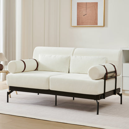 Modern Loveseat Sofa 59' Couch With Flexible USB Ports, Unique Cylindrical Armrests, Beige Chenille