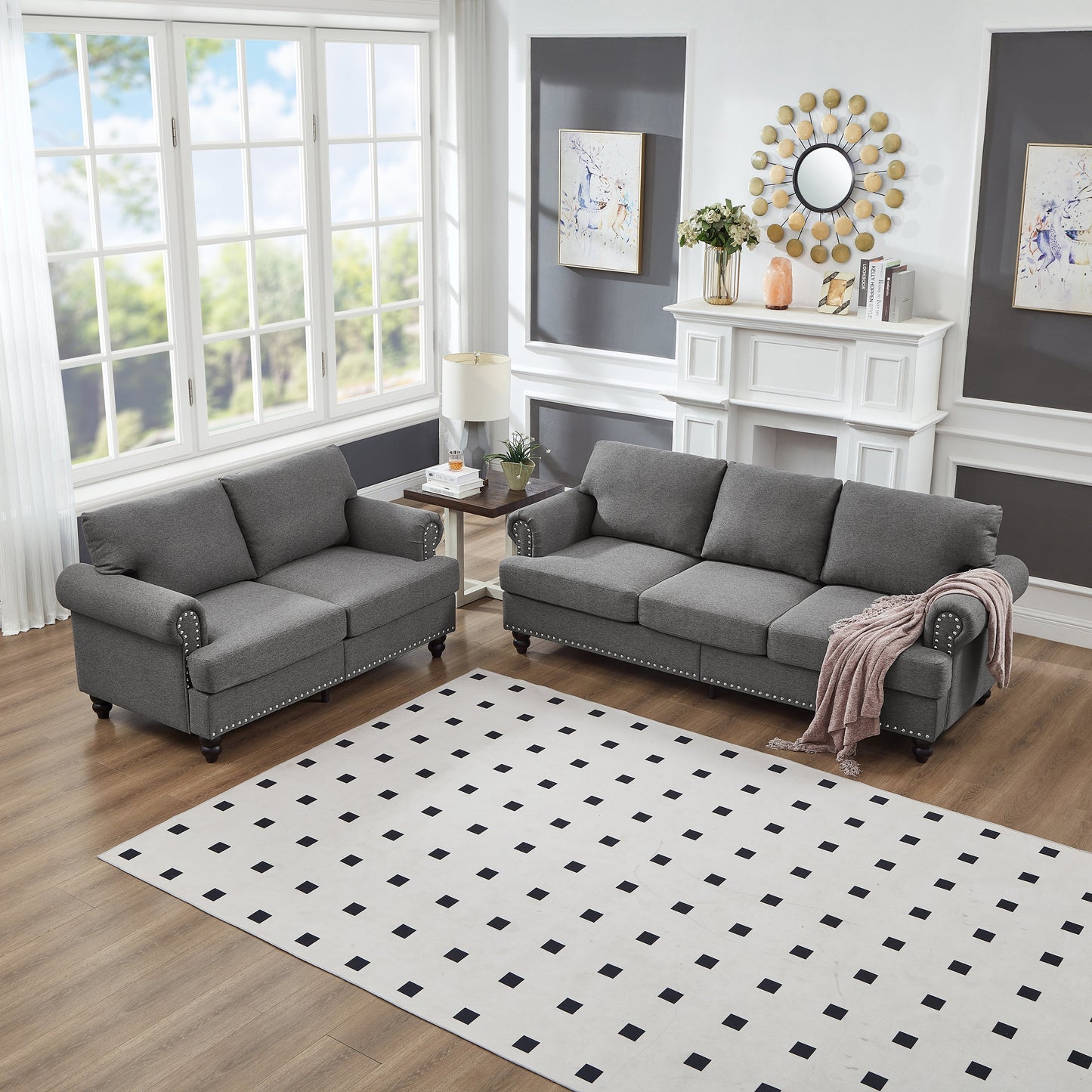 Modern Classic Design With Nails Living Room 2+3 Seater Sofa Fabric Couch,Upholstered Polyester Grey.