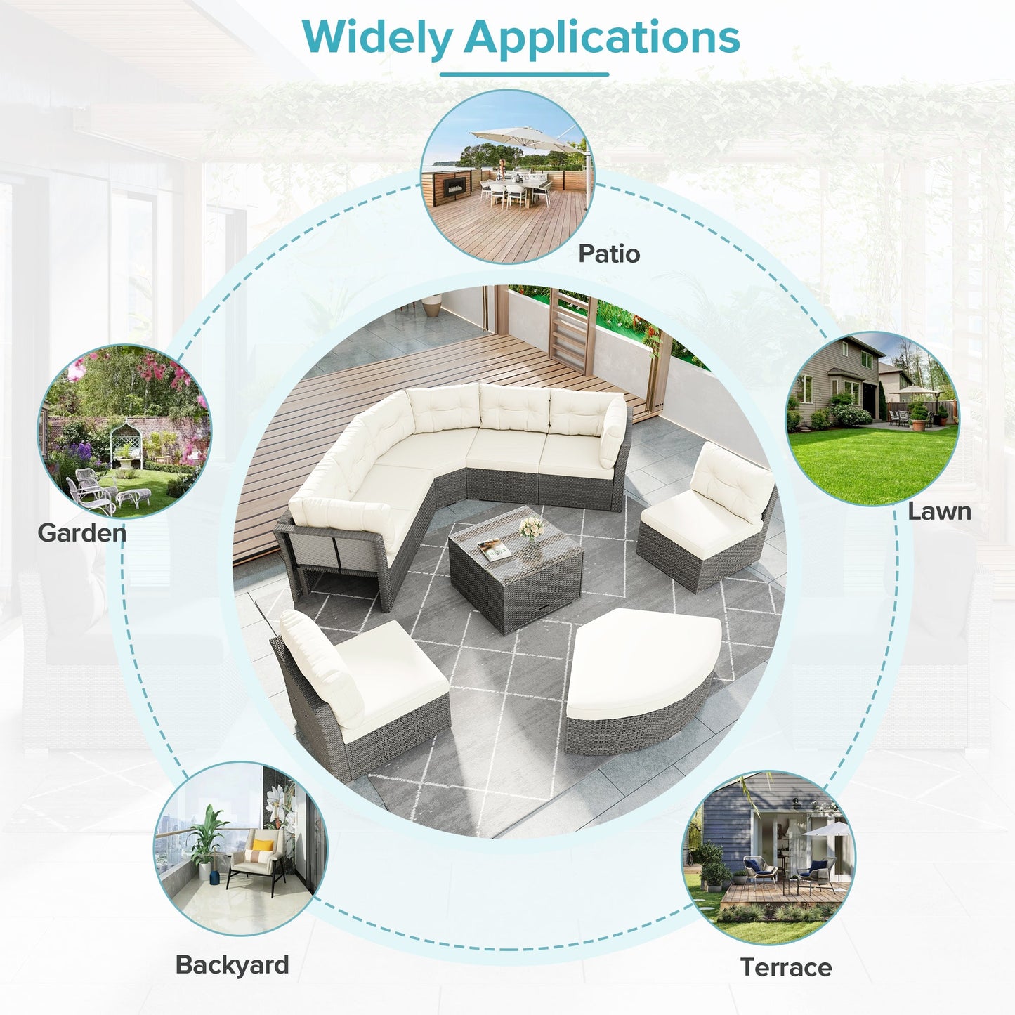 Patio Furniture Set Outdoor Daybed Rattan Sectional With Cushions and Center Table, Beige, Iron & Rattan, Multiple Sizes