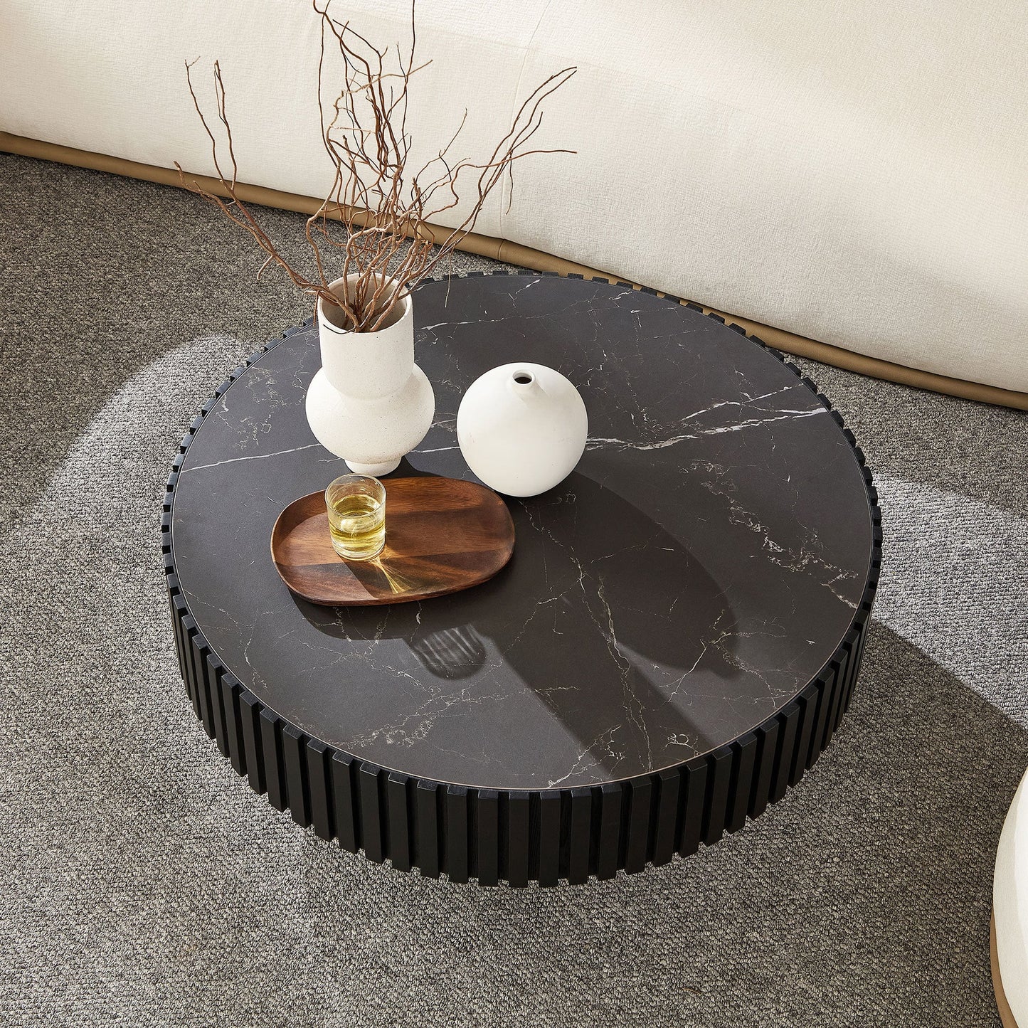 35.43'' Nesting Round Sintered Stone Tabletop Modern Drum Coffee Table Luxury Circle Coffee Table for Apartment BLACK