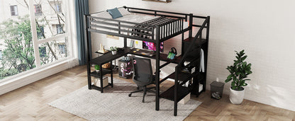 Metal Full Loft Bed With Wardrobe and LED Light, Full Size Loft Bed With L Shaped Desk and USB for Kids Teens Adults, Bl