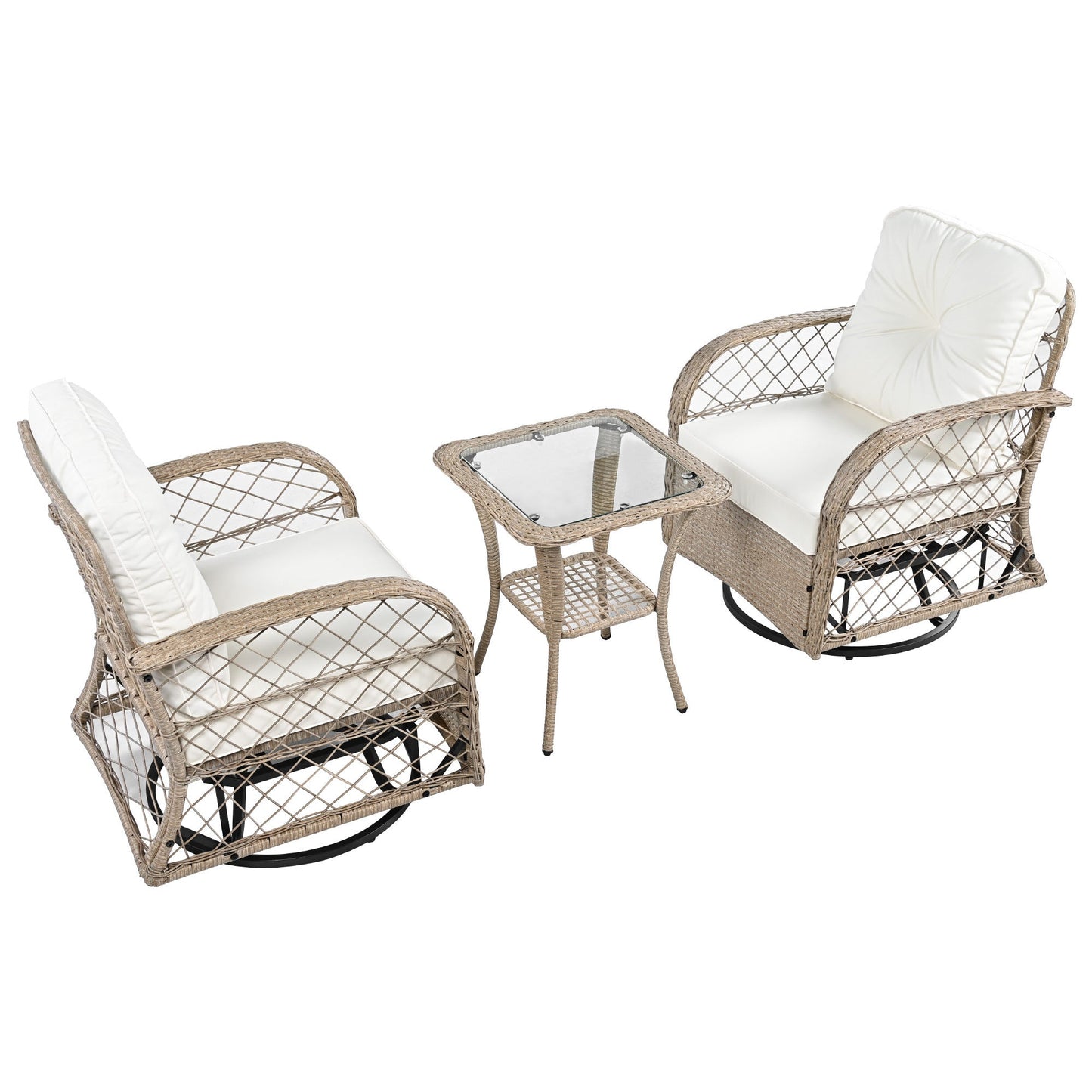 3-Piece Outdoor Chair&Table Set Chat Set 2-Person Rattan Seating Group With Two Swivel Chairs and a Square Table for Gar
