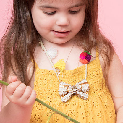 Gold & Pearl Bow - Pom Pom Kids Necklace-Embroidered Motifs