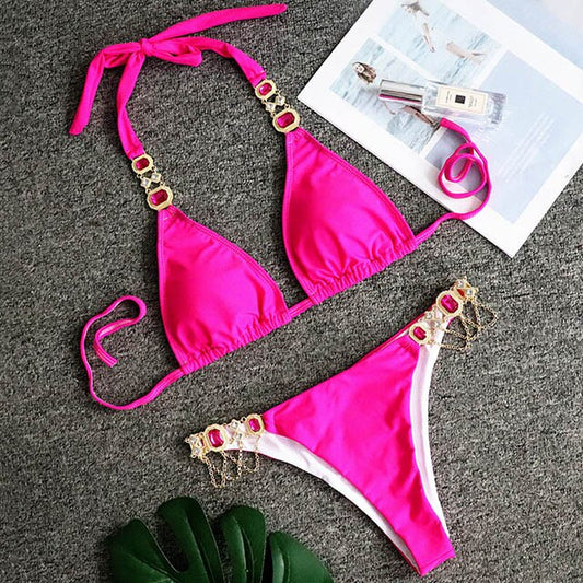 2021 Shiny Rhinestone Bikini Crystal Diamond Swimsuit Women Metal Chains Swimwear Female Bikini Set Bandage Halter Bathi