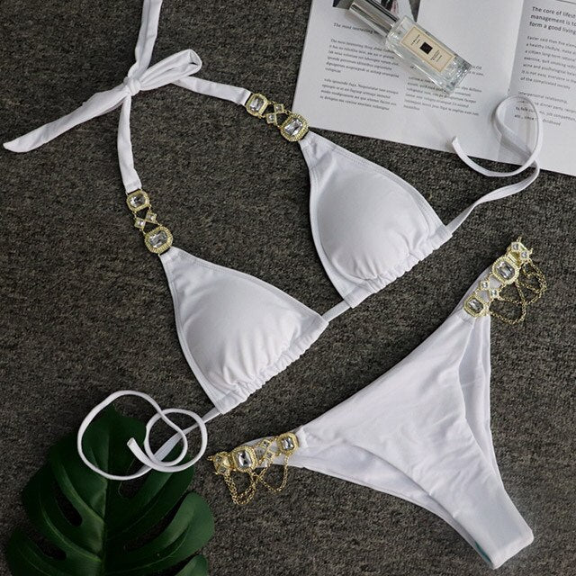 2021 Shiny Rhinestone Bikini Crystal Diamond Swimsuit Women Metal Chains Swimwear Female Bikini Set Bandage Halter Bathi