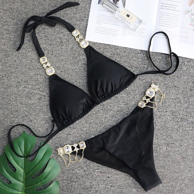 2021 Shiny Rhinestone Bikini Crystal Diamond Swimsuit Women Metal Chains Swimwear Female Bikini Set Bandage Halter Bathi