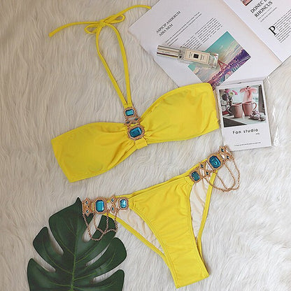 2021 Shiny Rhinestone Bikini Crystal Diamond Swimsuit Women Metal Chains Swimwear Female Bikini Set Bandage Halter Bathi