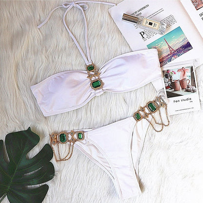 2021 Shiny Rhinestone Bikini Crystal Diamond Swimsuit Women Metal Chains Swimwear Female Bikini Set Bandage Halter Bathi