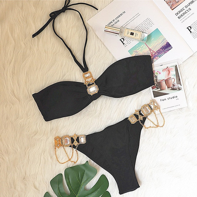 2021 Shiny Rhinestone Bikini Crystal Diamond Swimsuit Women Metal Chains Swimwear Female Bikini Set Bandage Halter Bathi